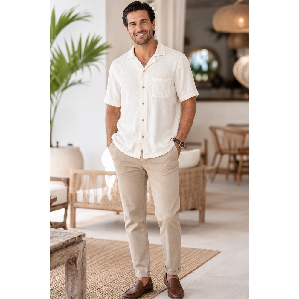 Kenneth Cole Ivory Short Sleeve Button Front Shirt Men's‎ Medium Cotton